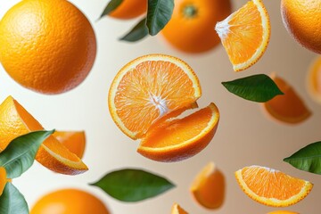 Wall Mural - A cluster of oranges surrounded by loose leaves in mid-air