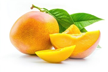 A pair of ripe mangoes, one halved for serving or display