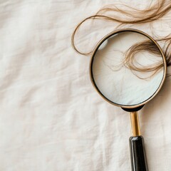 Poster - Magnifying glass examining a damaged hair strand on a textured surface in natural light. Generative AI