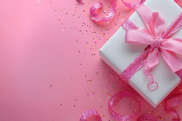 Canvas Print - A wrapped gift with a pink bow on a pink background, perfect for birthday or Valentine's Day