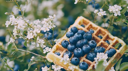 Wall Mural -   A macro of a waffle topped with blueberries, encircled by flwrs