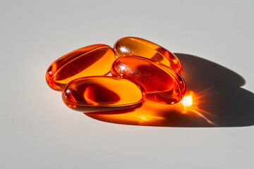 Wall Mural - Four Amber-Colored Gel Capsules on Gray Surface. Omega