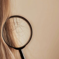 Poster - Magnifying glass reveals intricate details of a damaged hair strand under natural light. Generative AI