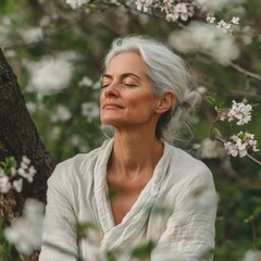 Poster - A woman sits with her eyes closed, surrounded by nature