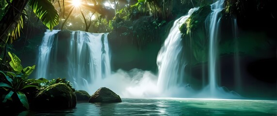 Wall Mural - Lush scenery of a vibrant waterfall cascading into a serene lagoon in the Amazon rainforest