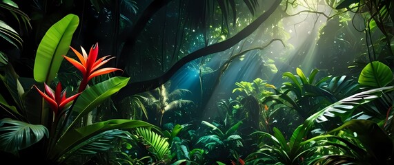 Wall Mural - Lush tropical rainforest teeming with vibrant flora and fauna at every turn