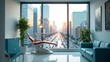 © Ernesto - A dental office window with a view of the city skyline, bringing natural light into the room. The serene clinic setting contrasts with the bustling city, offering patients a calm, pleasant experience.