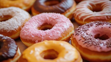 Wall Mural - Freshly baked doughnuts arranged on a table, perfect for a bakery display or food styling