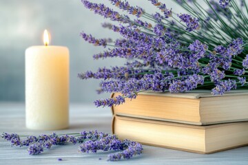 Wall Mural - A simple setup featuring a white candle placed beside a stack of books