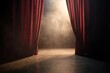 © Elena - Low-angle view captures dark crimson theater curtains tied back, exposing a dim stage illuminated by a subtle spotlight casting shadows on fabric