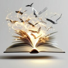 A conceptual flat illustration of an open book with glowing letters turning into birds, vibrant and creative on white.