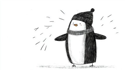 Wall Mural -  A monochromatic illustration of a penguin in a knitted hat, scarf, and collar