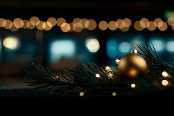Poster - Snow-covered pine branch adorned with a golden bauble and glowing white lights captures the essence of winter festivities while providing ample copy space