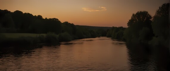 Wall Mural - Tranquil evening river scene perfectly illuminated by warm lights creating a peaceful escape