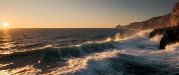 Wall Mural - Tranquil ocean waves lapping against rocky cliffs as the sun sets in the distance