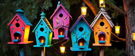 Wall Mural - Whimsical collection of birdhouses painted in vibrant colors adorning the trees