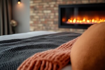 Poster - Modern loft bedroom features a plush bed with fluffy pillows and a warm blanket, complemented by a brick wall and a softly glowing fireplace for intimacy