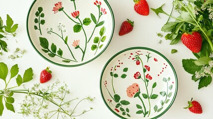 Wall Mural -   A table holds two plates with a vase of flowers and a basket of strawberries nearby