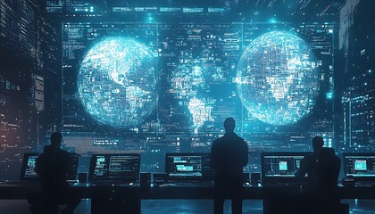 Programmers and cybersecurity designers working on websites and social world security in cyberspace