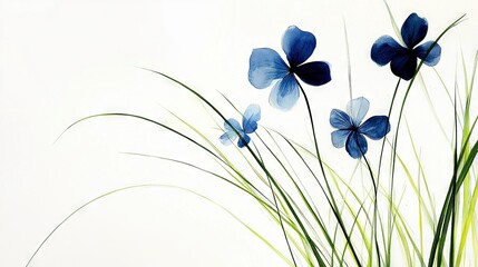 Wall Mural -   A blue-filled vase sits on a wooden table beside a tall, green grass-covered plant