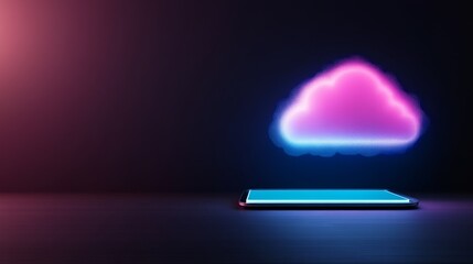 Fototapete - A tablet showcases a vibrant holographic cloud computing icon with glowing blue and pink accents, set against a dark background, offering an innovative feel