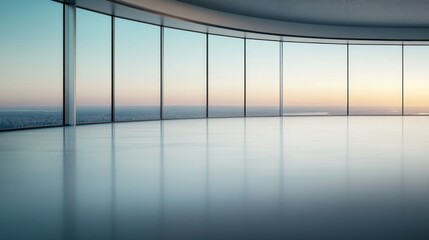 Poster - Minimalist two-story office building emphasizes sleek lines and expansive glass windows, showcasing a modern design against a serene blue sky and ample copy space