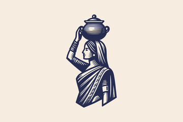 Vintage black icon of Indian woman in sari carrying a pot on her head