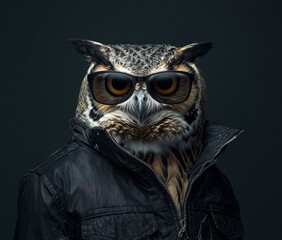 Canvas Print - Owl wearing glasses and a jacket. AI.