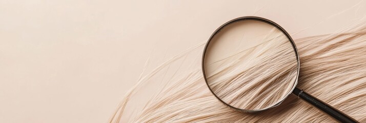 Poster - Magnifying glass highlights detail of a damaged hair strand on a textured surface. Generative AI