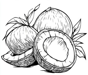 A modern, isolated graphic illustration of a coconut, featuring a hand-drawn black ink outline