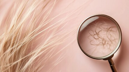 Poster - Magnifying glass reveals intricate details of a damaged hair strand on a soft pink surface. Generative AI