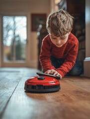 Poster - Child interacting with a robotic vacuum cleaner. AI.