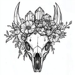 Sticker - A hand-drawn modern illustration depicting a bull skull and mushrooms