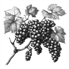 Sticker - A transparent-background image showing a sketch engraving of grapes with leaves