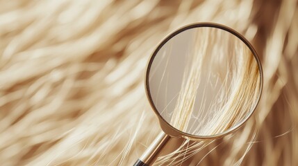 Poster - Magnifying glass highlights damage on a single strand of blonde hair under close examination in natural light. Generative AI