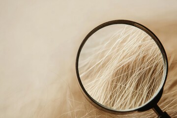 Poster - Magnifying glass focusing on a damaged strand of hair to reveal texture and condition. Generative AI