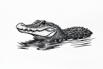 Wall Mural - Illustration of a crocodile in the river, styled as an old vintage engraving. Hand-drawn outline graphic. Can be used as a logo, emblem, or icon. Isolated and cut out. Black and white