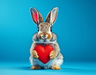 Wall Mural - Cute Rabbit Holding Red Heart on Bright Blue Background