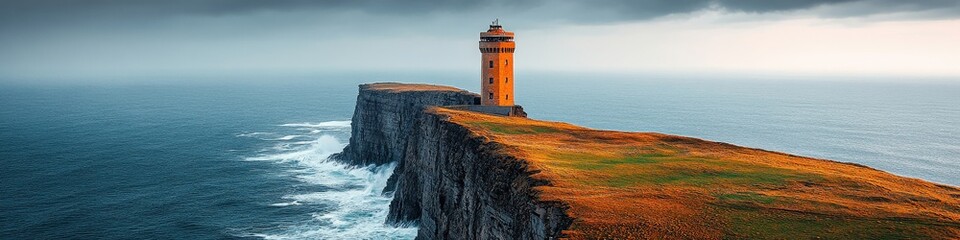 Wall Mural - Dramatic Coastal Lighthouse on Rocky Cliff Edge Overlooking Majestic Ocean Waves at Sunset with Vibrant Sky and Rugged Landscape Perfect for Travel Inspiration