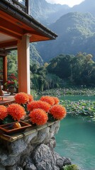 Wall Mural - Scenic Mountain View from House with Vibrant Orange Flowers Overlooking Serene Green Lake and Lush Forest in Tranquil Landscape, Perfect for Nature Lovers