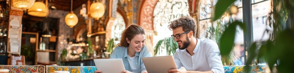 Two young adults collaborate on laptops in a vibrant cafe.