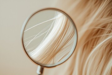 Poster - Magnifying glass revealing details of a damaged hair strand in soft light setting. Generative AI