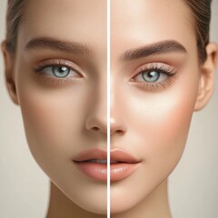 Fototapete - Face divided showing natural beauty on one side and glamorous makeup on the other in a minimalist setting. Generative AI