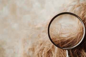 Poster - Magnifying glass reveals detailed view of a damaged hair strand with focus on split ends and texture variations. Generative AI