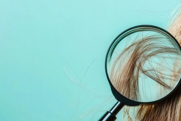 Poster - Exploring the details of a damaged hair strand through a magnifying glass on a blue background. Generative AI