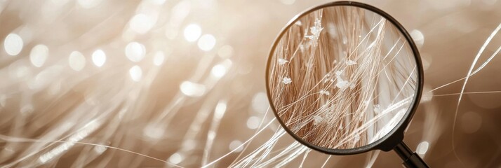 Poster - Magnifying glass highlights details of a damaged hair strand under natural light. Generative AI