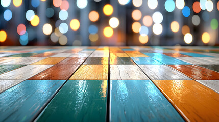 Colorful wooden floor, bokeh lights background, product display