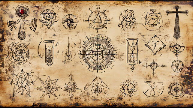 Symbols of alchemy and magic on ancient scrolls. Alchemy & Magic Symbols. Illustration