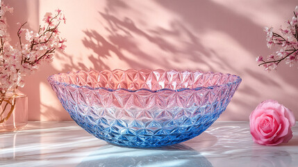 A beautiful, colorful transparent decorative bowl filled with water, casting mesmerizing light reflections. Modern, blurred background with empty blank caption space on the side, evoking serenity.

