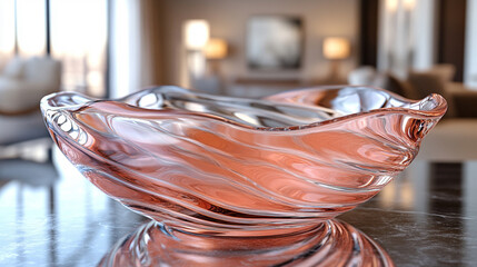 A beautiful, colorful transparent decorative bowl filled with water, casting mesmerizing light reflections. Modern, blurred background with empty blank caption space on the side, evoking serenity.

